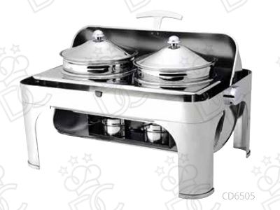 Round chafing dish with alcohol burners and pots - polished stainless steel - 180° roll-top lid