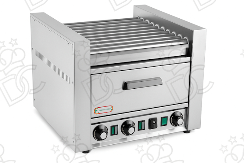 Hot dog roller grill with 6 stainless steel rollers - 2 heating zones - with heated drawer