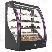 Refrigerated display cases with curved glass
