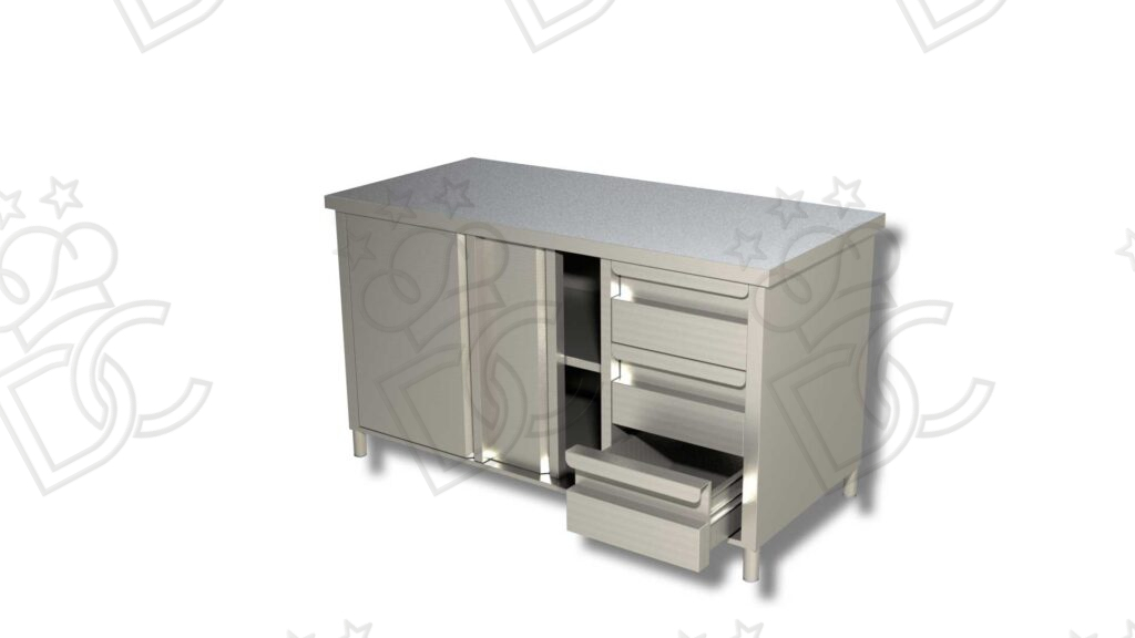 Wardrobe table with right vertical chest of drawers three drawers  on closed compartment - one hinged door