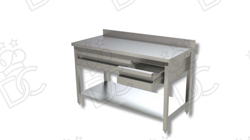 Tavolo da lavoro con cassettiera in linea e ripiano inferiore - Realizzato in Acciaio Inox AISI304 - Profondità 60cm - Con Alzatina