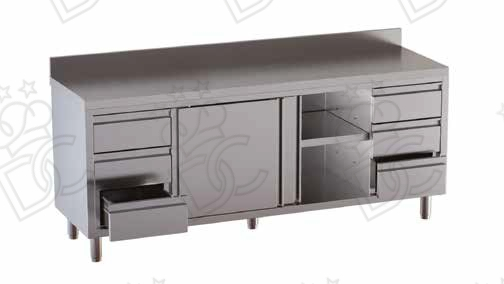Tavolo armadiato con cassettiere verticali dx e sx tre cassetti + tre cassetti su vano chiuso - due porte scorrevoli