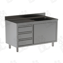 Lavatoio 1 vasca + gocciolatoio sx su armadio con una porta battente e cassettiera verticale sx 3 cassetti