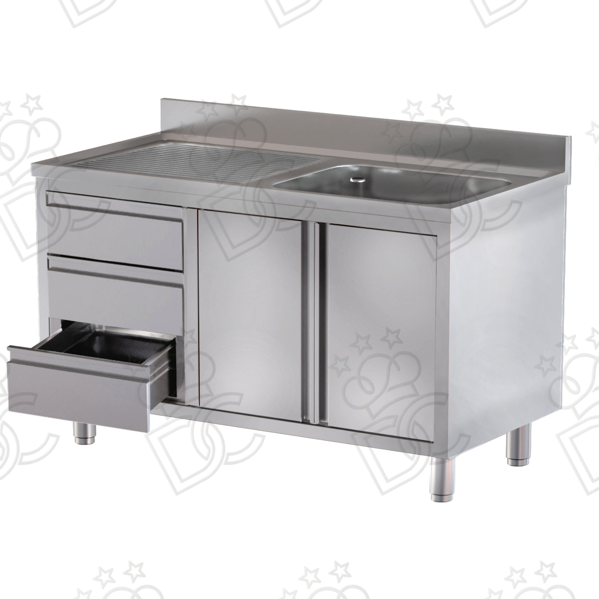Lavatoio 1 vasca + gocciolatoio sx su armadio con due porte battente e cassettiera verticale sx 3 cassetti