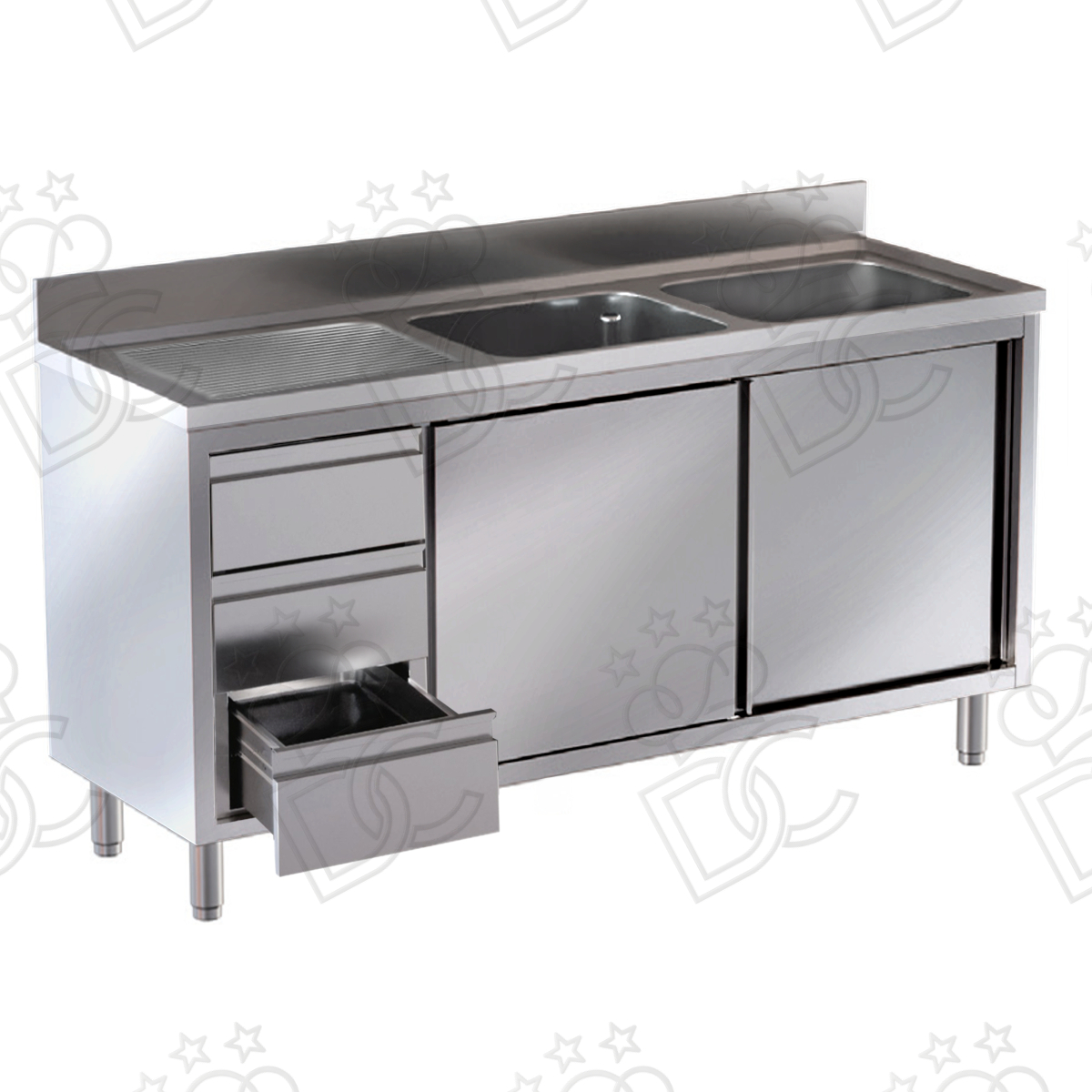 Lavatoio 2 vasche + gocciolatoio sx su armadio con due porte scorrevoli e cassettiera verticale sx 3 cassetti