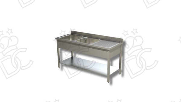 Lavatoio su gambe quadre 2 vasche + gocciolatoio dx con ripiano