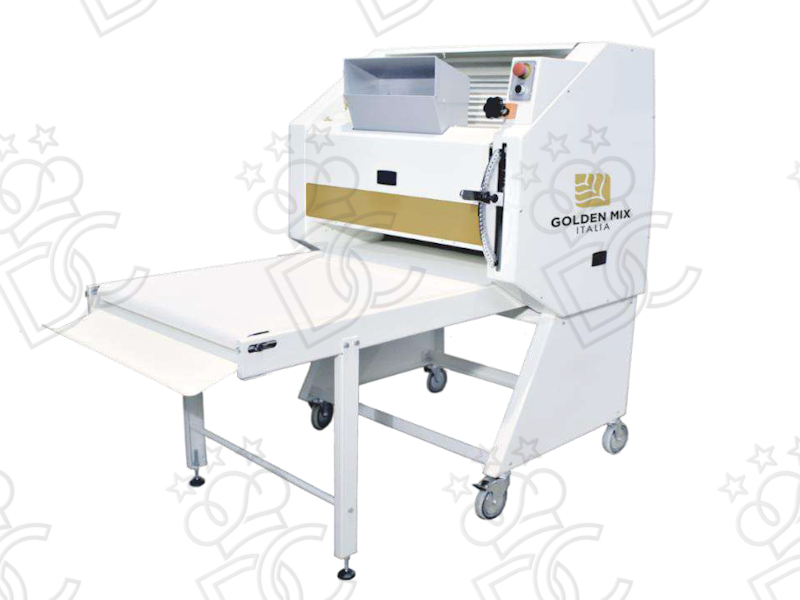 Baguette moulder with 3 rollers, trolley, and motorized exit belt